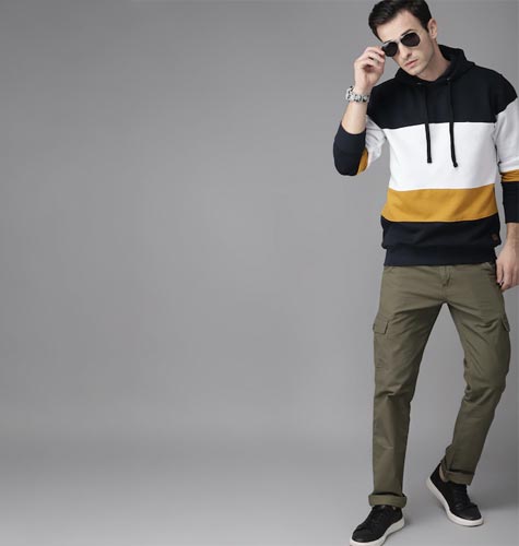 Men Navy Blue & White Colourblocked Hooded Sweatshirt